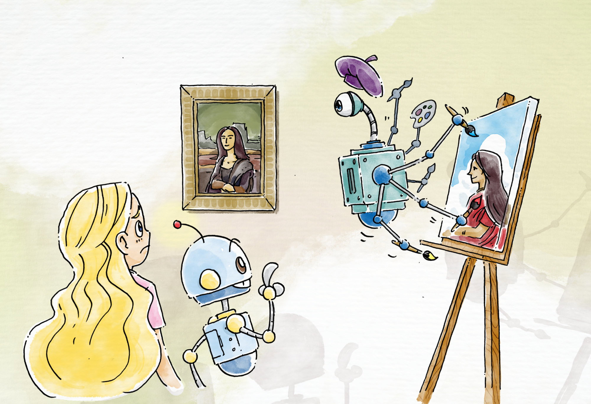 Riley and Bot watching a robot paint the Mona Lisa