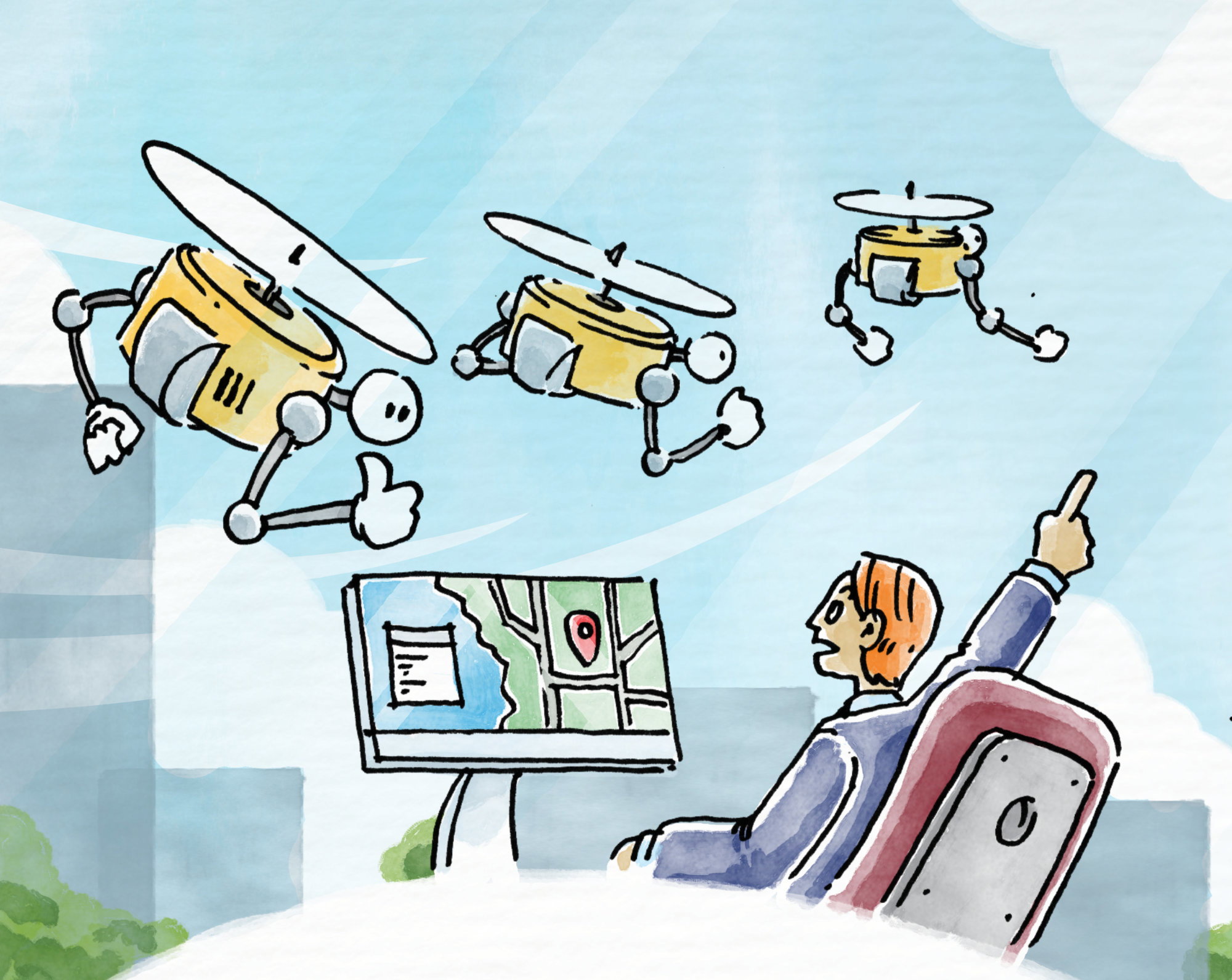 Delivery drones flying above a person monitoring them