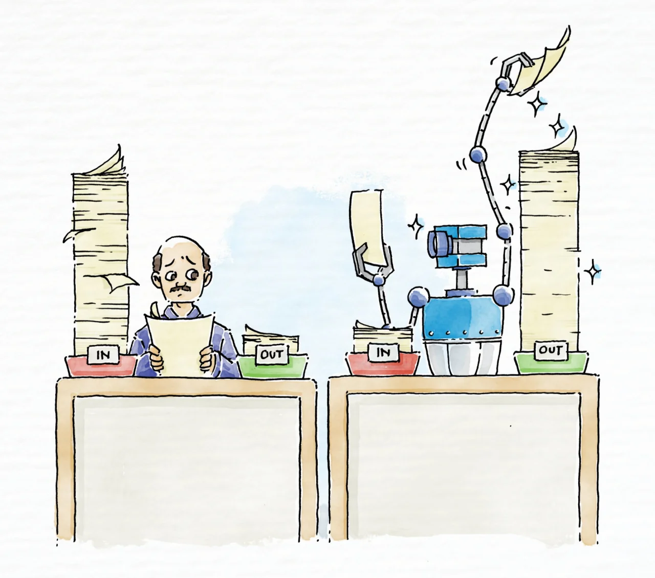 An office worker sorting paper beside a robot doing the same work