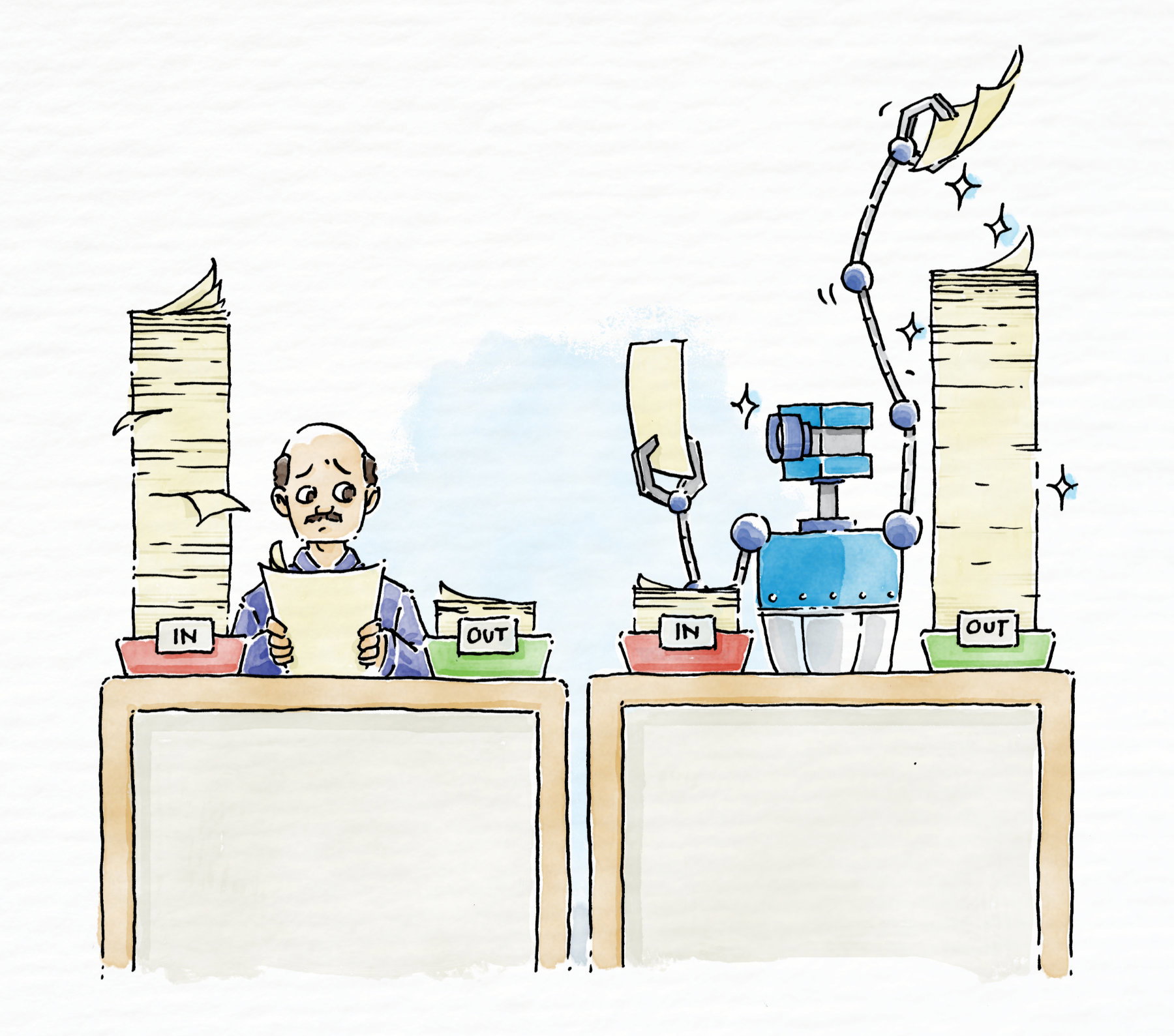 An office worker sorting paper beside a robot doing the same work