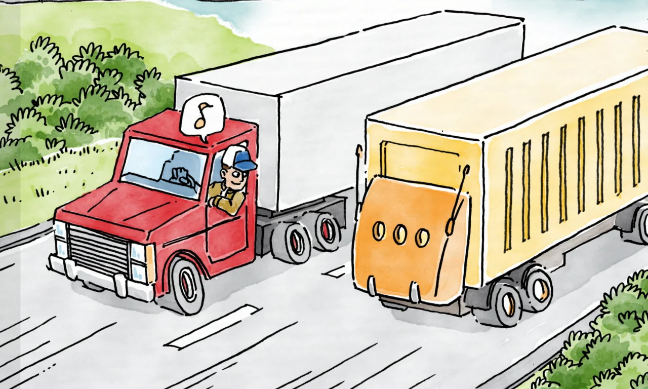 A human-driven truck beside a self-driving truck